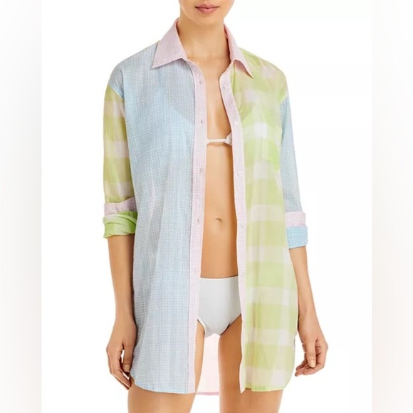 SOLID & STRIPED Tops - Solid & Striped The Mixed Print Long Oxford Tunic Swim
Coverup Pink Green XS